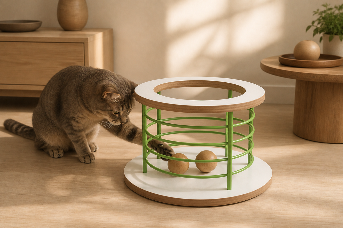 Cat pawing the tactile balls inside the compact Green Ball Pool