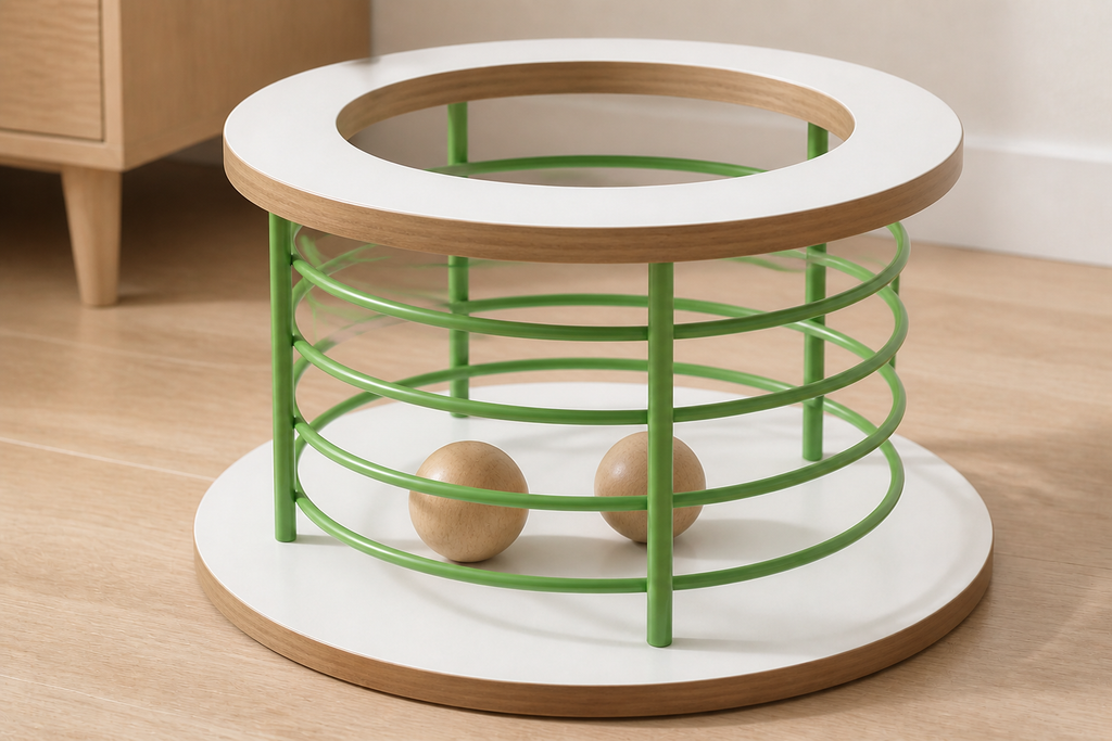 Close view of the green tactile balls and compact wooden play frame