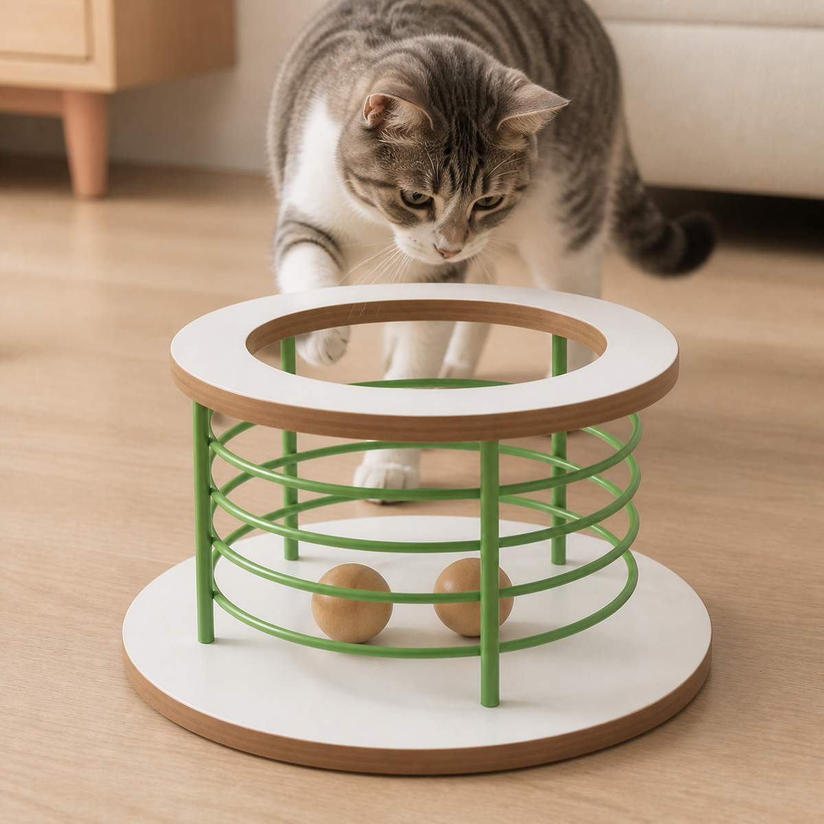 Cat noticing the wooden balls inside the Green Ball Pool