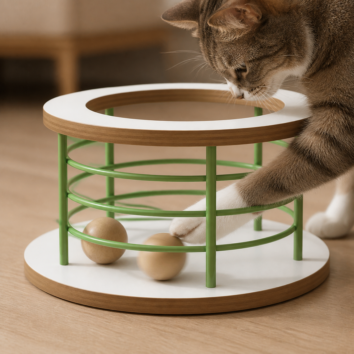 Cat reaching through an opening in the Green Ball Pool