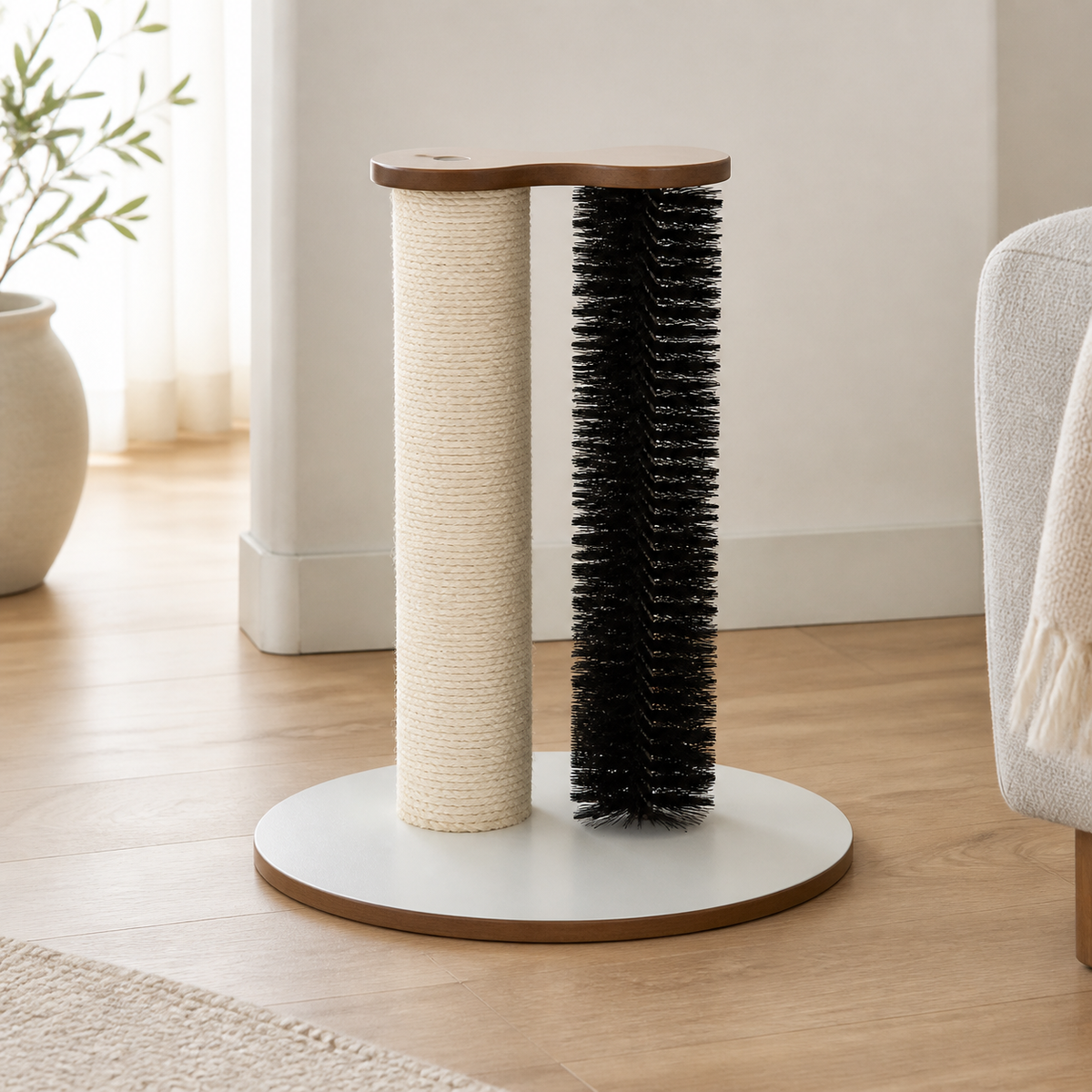 Grooming Scratch Station styled for everyday use in a warm modern home in use