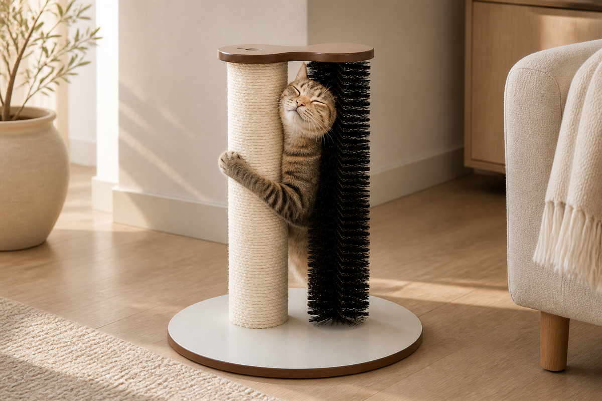 Cat rubbing against the self-grooming brush on the Grooming Scratch Station
