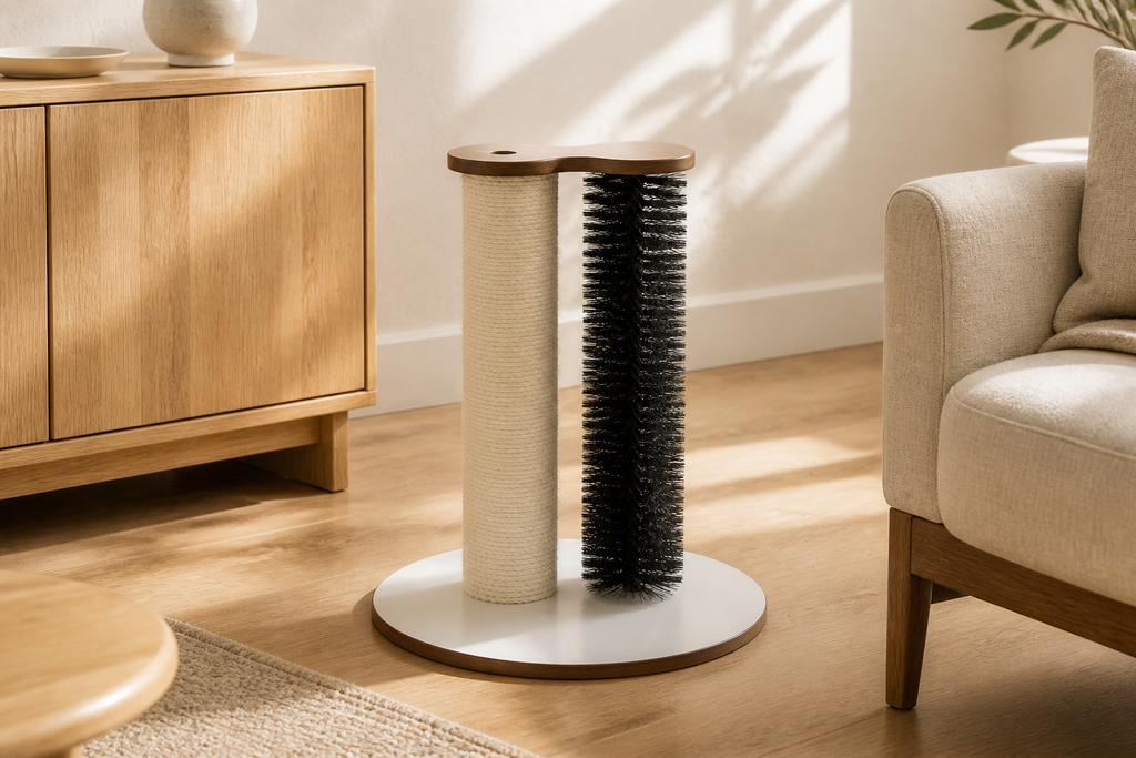 Grooming Scratch Station placed in a warm modern living room