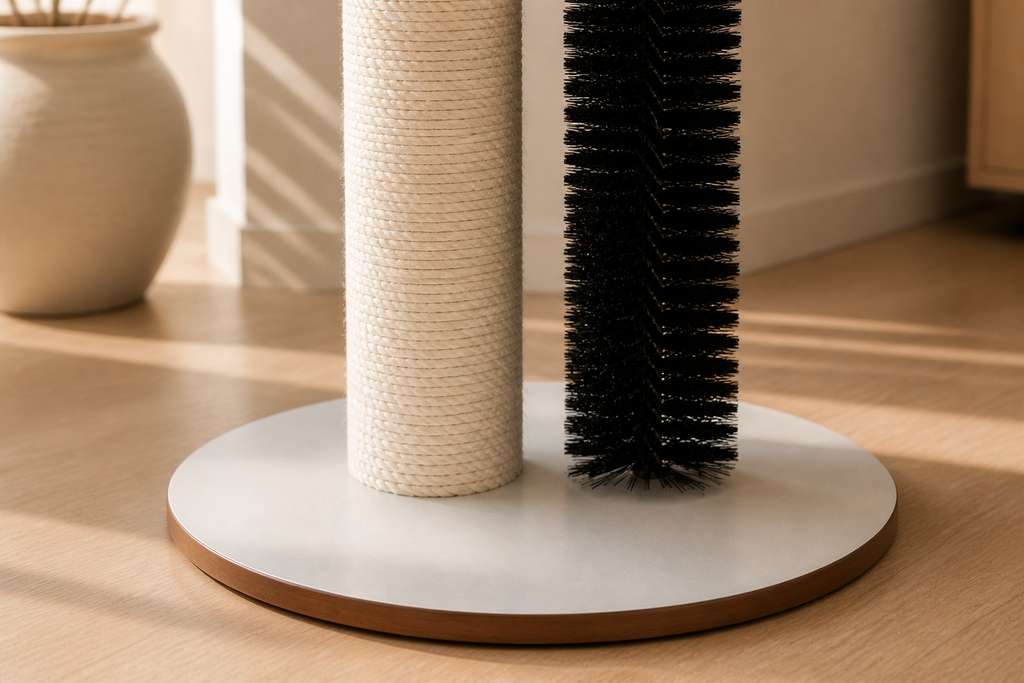 Close view of the textured scratch surface and accessible self-grooming brush