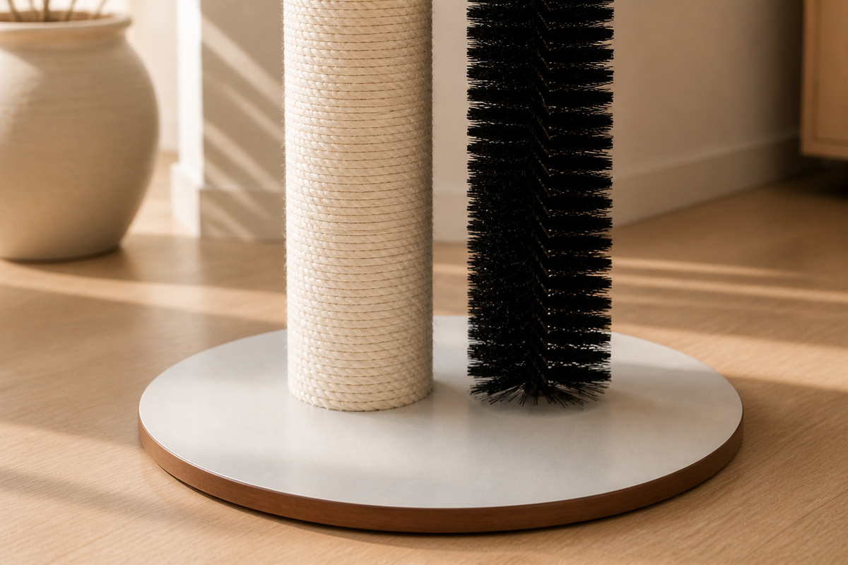 Close view of the textured scratch surface and accessible self-grooming brush