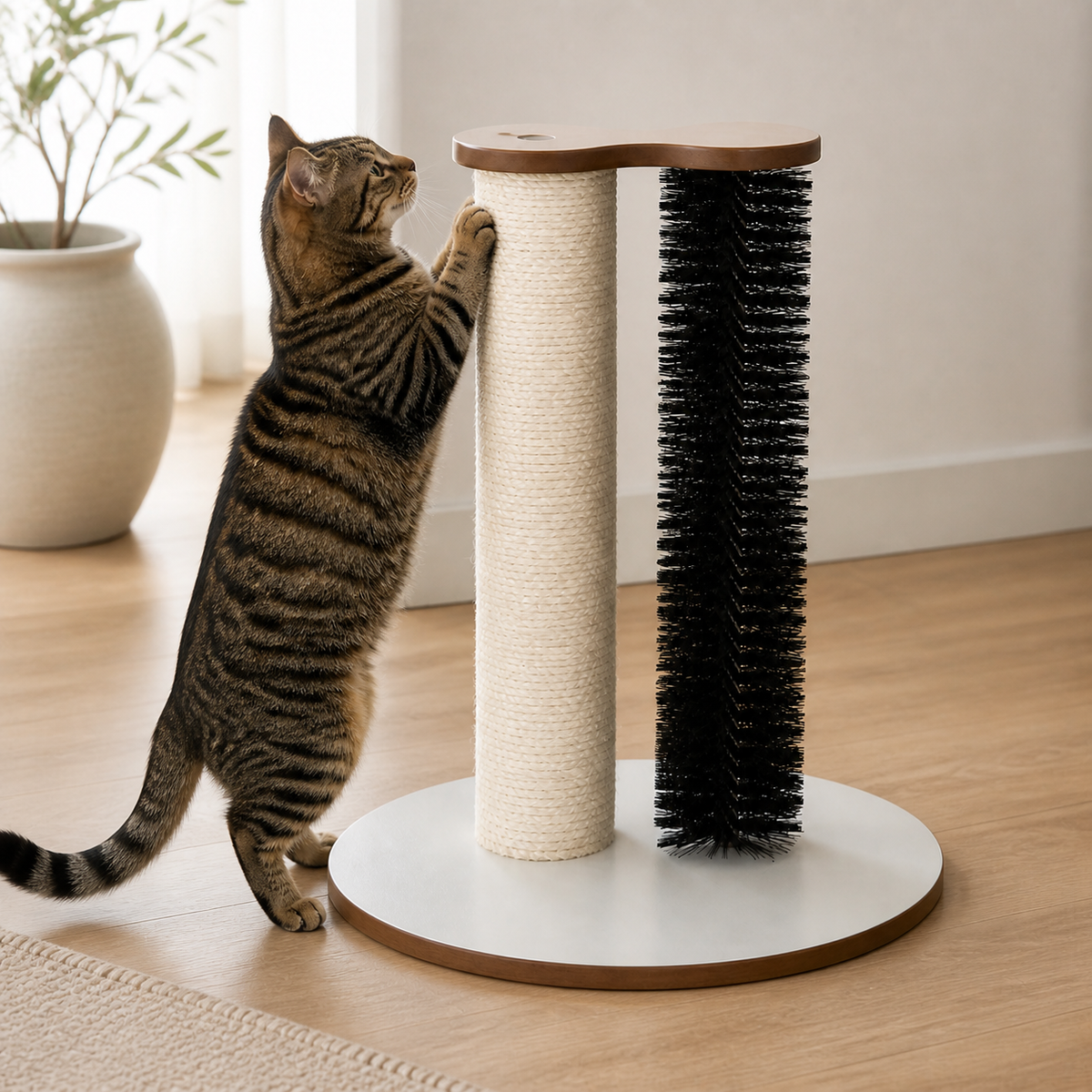 Cat approaching the Grooming Scratch Station at floor level
