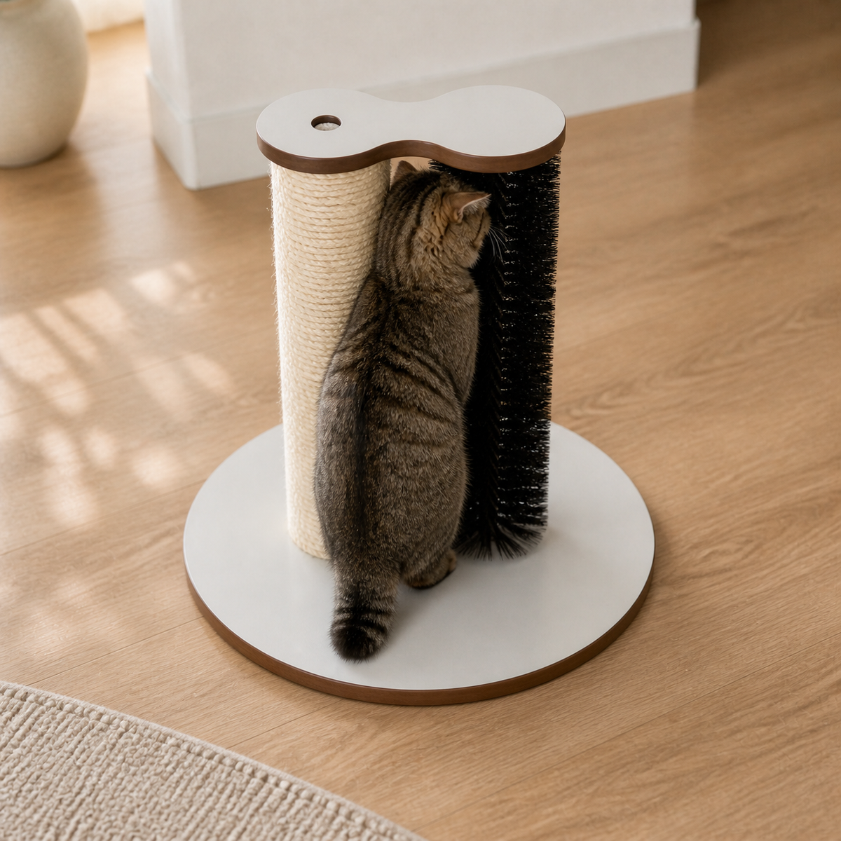 Cat using the Grooming Scratch Station base with all parts contained
