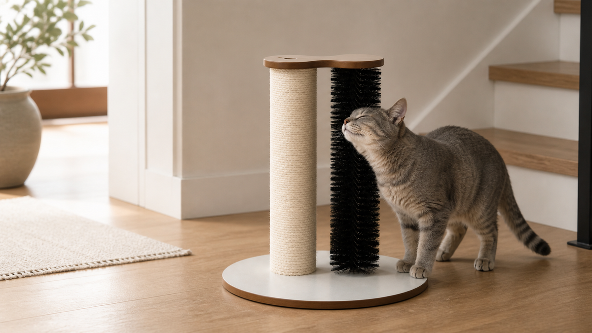 Grooming Scratch Station positioned in a calm cat-friendly living space