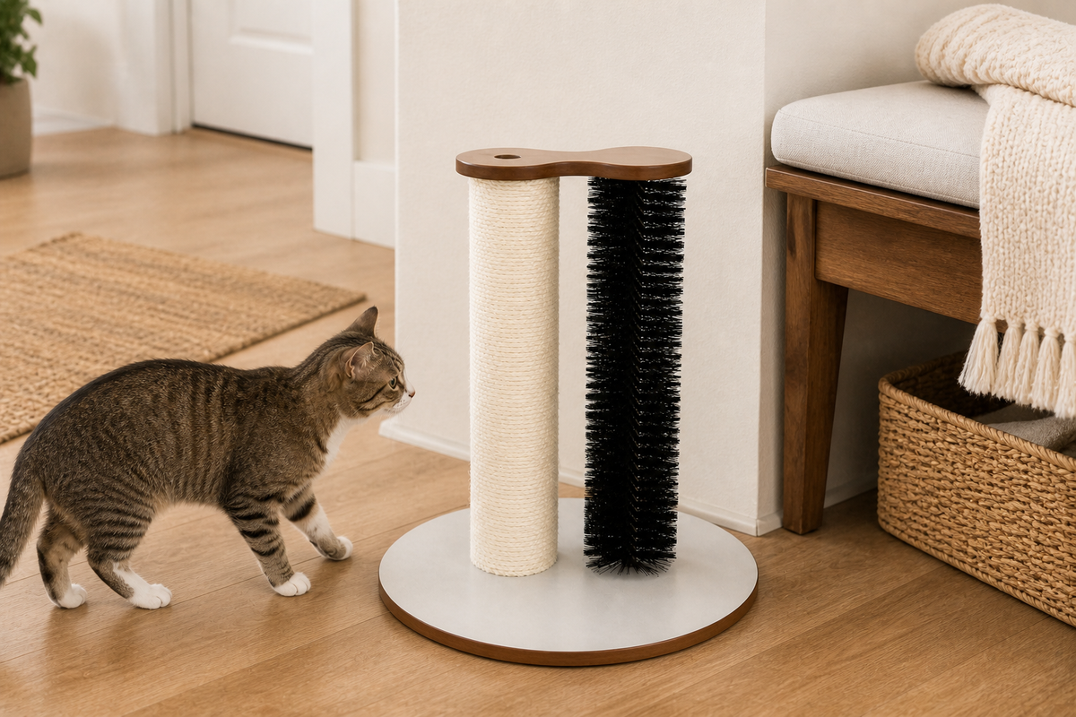 Grooming Scratch Station placed neatly beside living room furniture