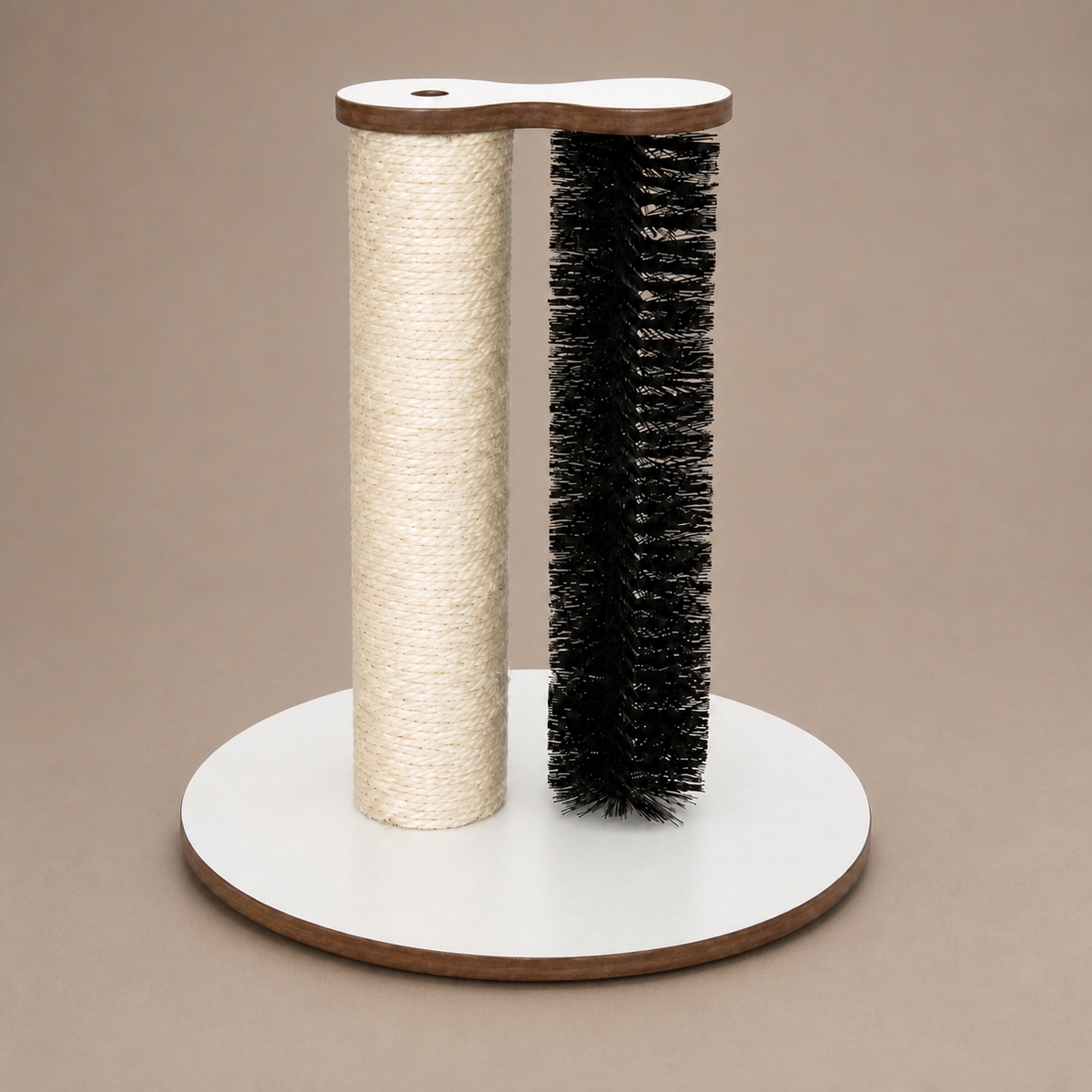 Grooming Scratch Station on a neutral warm mushroom taupe studio background