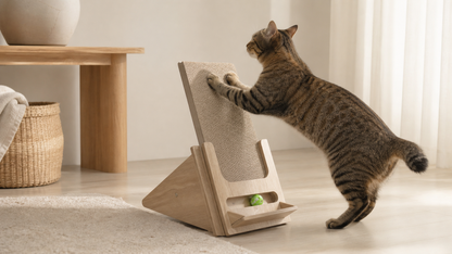 Lulu's World Cardboard Cat Scratcher with Wooden Stand, Freestanding Vertical Cat Scratching Board with Replaceable Double-Sided Scratch Pad, Ball Toy and Debris Tray for Indoor Cats, Long-termism