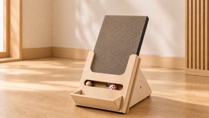 Lulu's World Cardboard Cat Scratcher with Wooden Stand, Freestanding Vertical Cat Scratching Board with Replaceable Double-Sided Scratch Pad, Ball Toy and Debris Tray for Indoor Cats, Long-termism