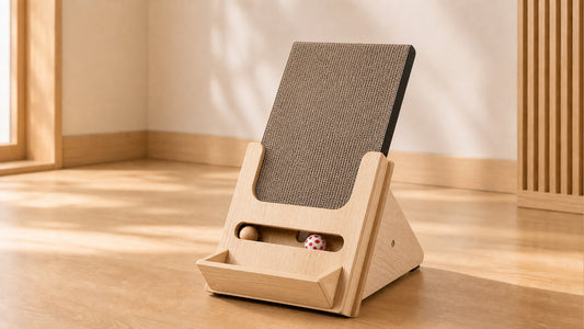 Lulu's World Cardboard Cat Scratcher with Wooden Stand, Freestanding Vertical Cat Scratching Board with Replaceable Double-Sided Scratch Pad, Ball Toy and Debris Tray for Indoor Cats, Long-termism