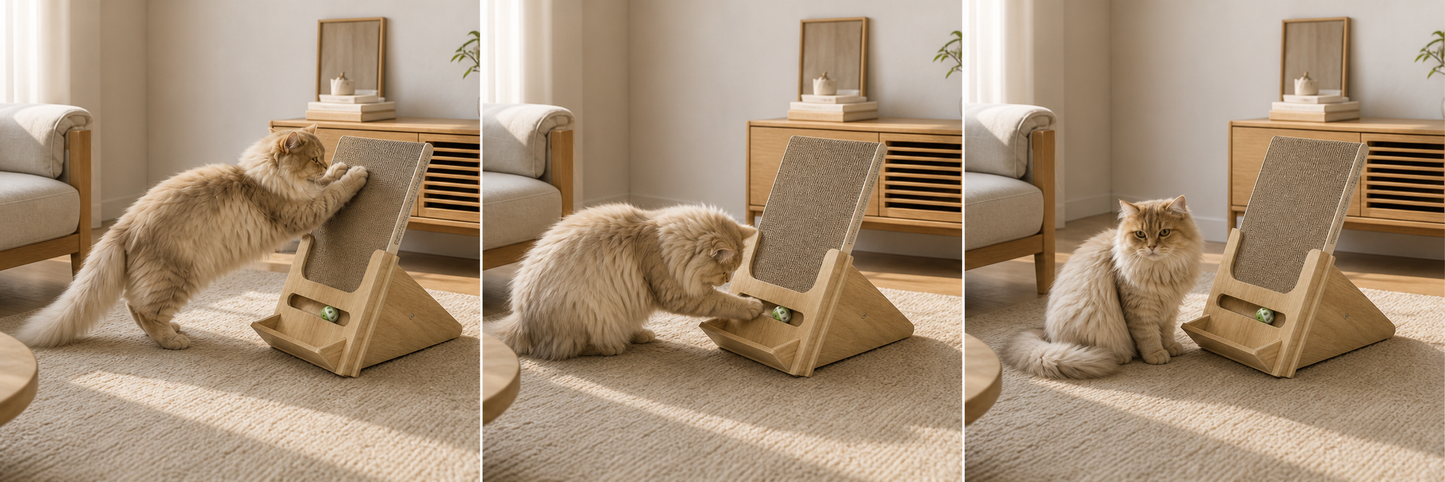Lulu's World Cardboard Cat Scratcher with Wooden Stand, Freestanding Vertical Cat Scratching Board with Replaceable Double-Sided Scratch Pad, Ball Toy and Debris Tray for Indoor Cats, Long-termism
