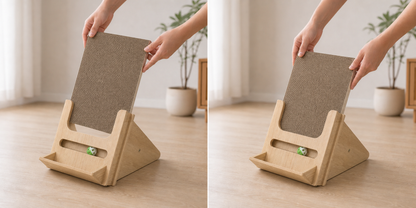 Lulu's World Cardboard Cat Scratcher with Wooden Stand, Freestanding Vertical Cat Scratching Board with Replaceable Double-Sided Scratch Pad, Ball Toy and Debris Tray for Indoor Cats, Long-termism
