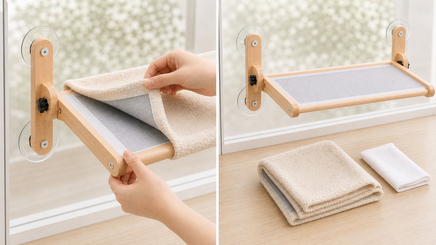 LuLu's World Large Cat Window Perch with Wooden Frame, Foldable Solid Cat Hammock, Soft Berber Fleece Cover, Strong Suction Cups, No Drilling, Space Saving & Washable, Big Size 23.7×14.4in