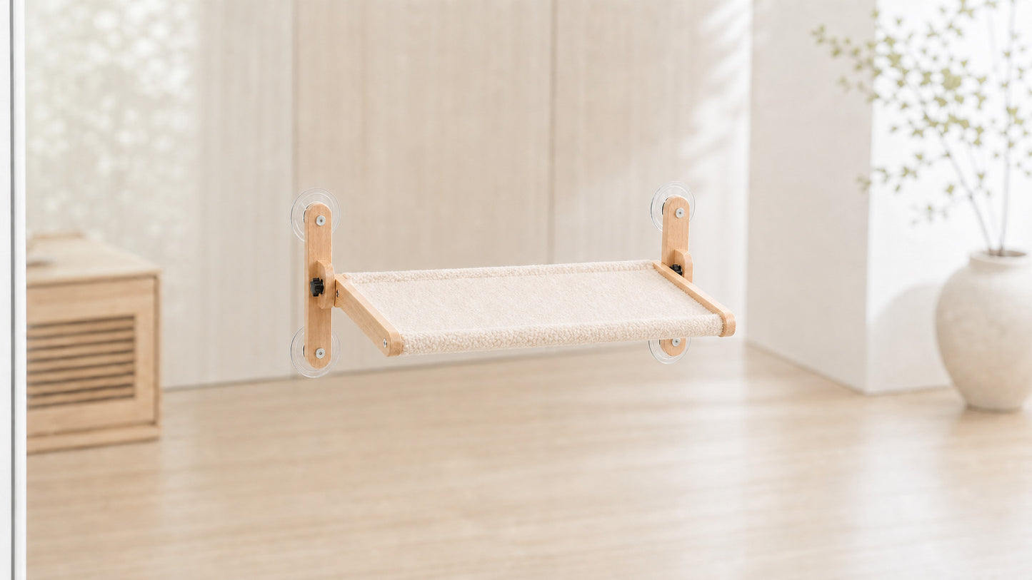 LuLu's World Large Cat Window Perch with Wooden Frame, Foldable Solid Cat Hammock, Soft Berber Fleece Cover, Strong Suction Cups, No Drilling, Space Saving & Washable, Big Size 23.7×14.4in