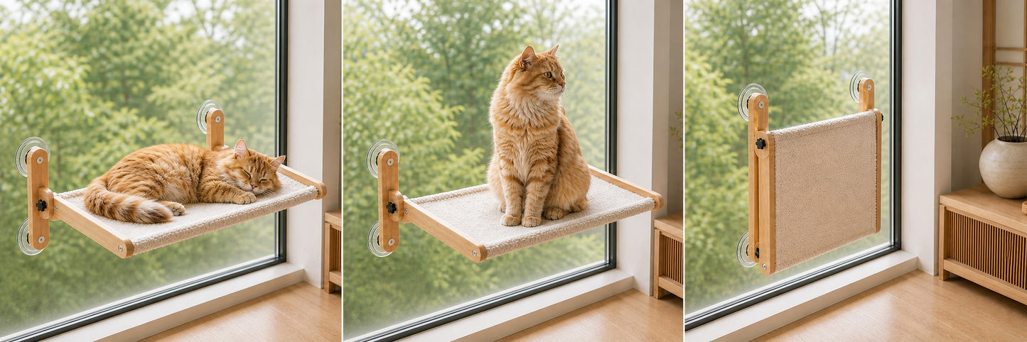 LuLu's World Large Cat Window Perch with Wooden Frame, Foldable Solid Cat Hammock, Soft Berber Fleece Cover, Strong Suction Cups, No Drilling, Space Saving & Washable, Big Size 23.7×14.4in