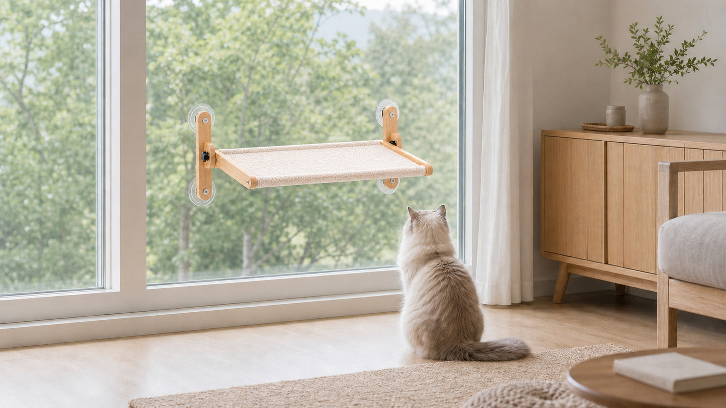 LuLu's World Large Cat Window Perch with Wooden Frame, Foldable Solid Cat Hammock, Soft Berber Fleece Cover, Strong Suction Cups, No Drilling, Space Saving & Washable, Big Size 23.7×14.4in