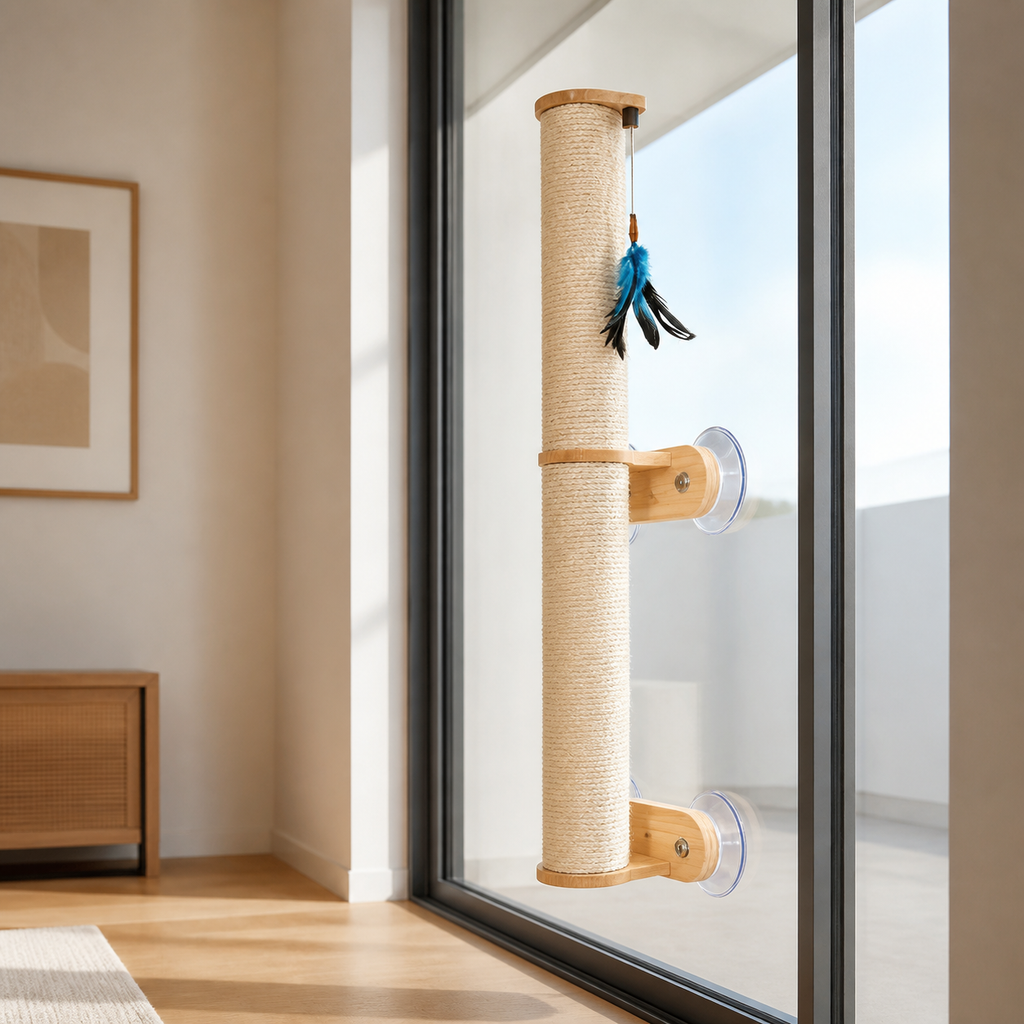 No-Drill Wall Scratcher attached flush to smooth glass with two clear suction mounts