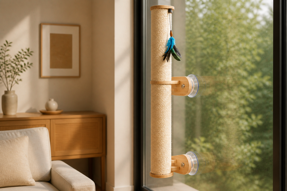 Close view of the sisal post, wood supports, feather teaser, and clear suction mounts