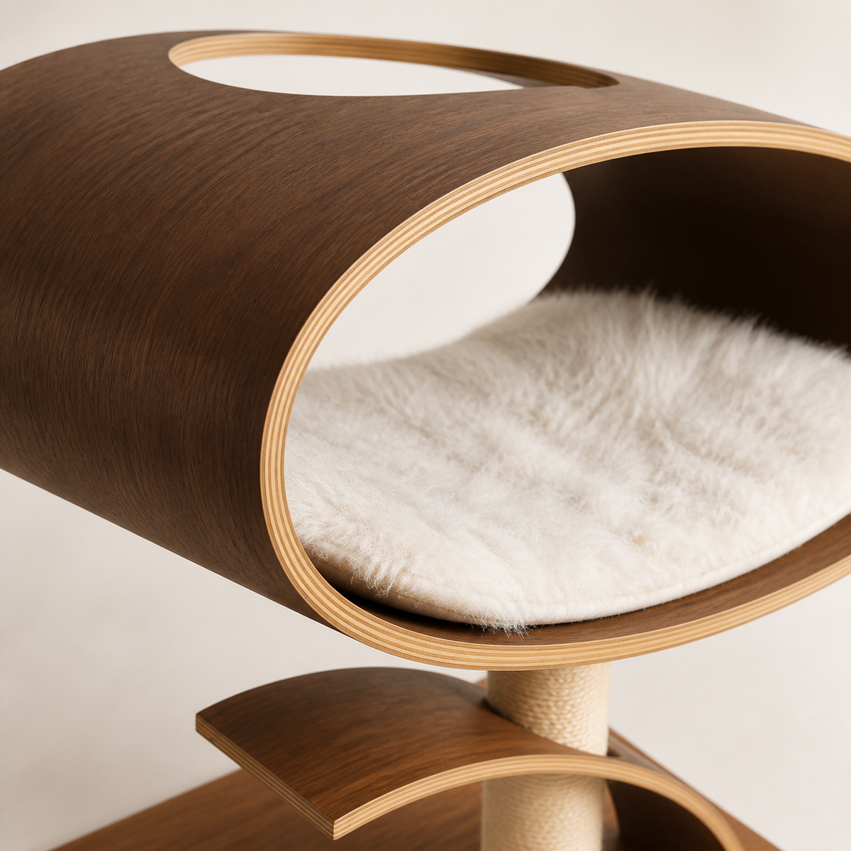 Close view of the bent plywood shell, sisal post, curved step, and plush cushion