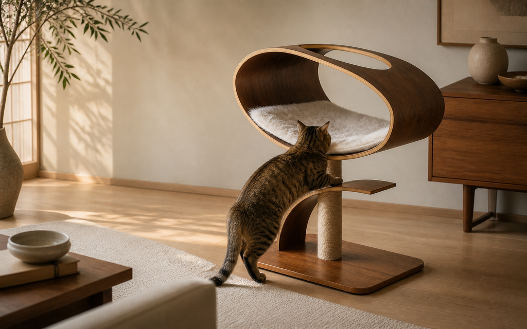 Cat climbing the curved step toward the elevated oval Orbit Cat Lounge