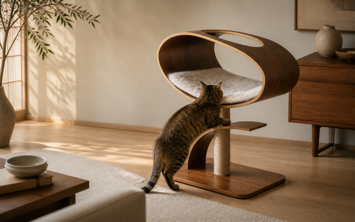 Cat climbing the curved step toward the elevated oval Orbit Cat Lounge