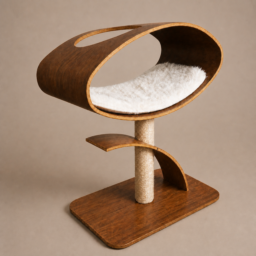 Orbit Cat Lounge on a neutral warm mushroom taupe studio background