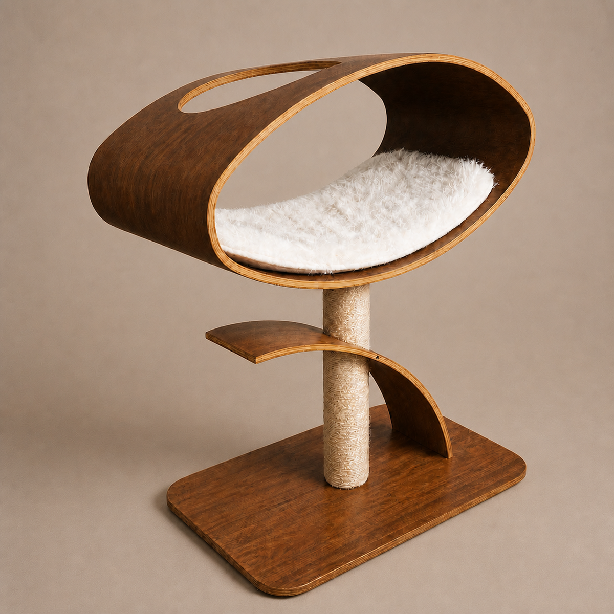 Orbit Cat Lounge on a neutral warm mushroom taupe studio background