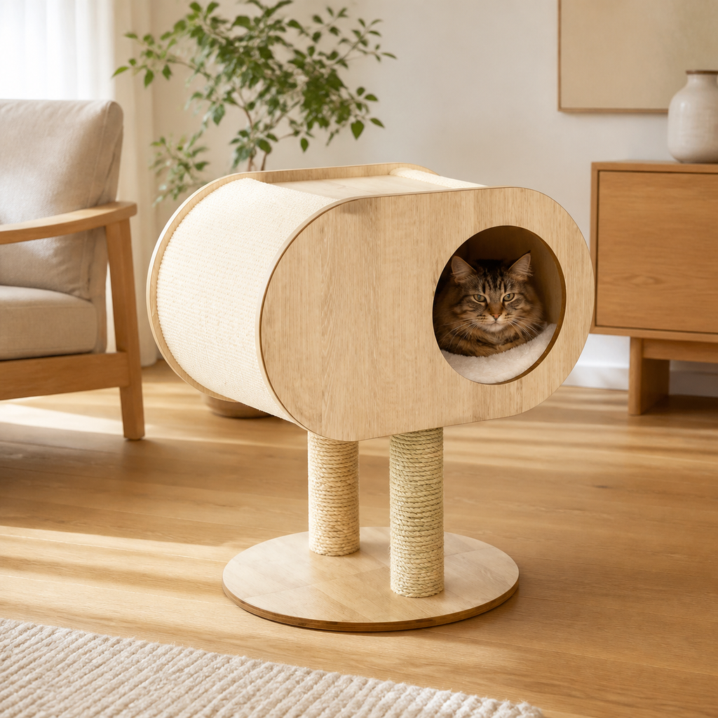 Light finish Oval Cat Cabin styled in a warm modern room