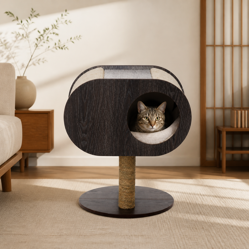 Dark finish Oval Cat Cabin styled in a warm modern room