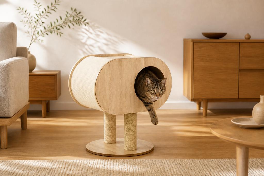 Cat resting inside the cushioned oval opening of the Oval Cat Cabin