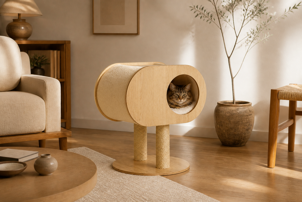 Oval Cat Cabin placed in a warm modern living room