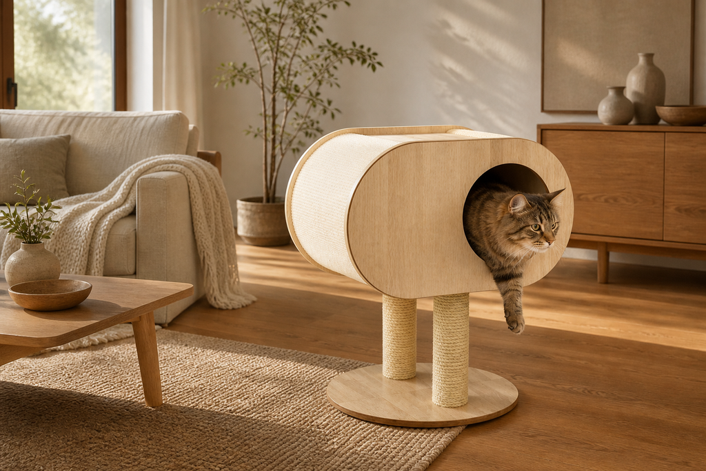 Cat resting inside the cushioned oval opening of the Oval Cat Cabin from a second room angle