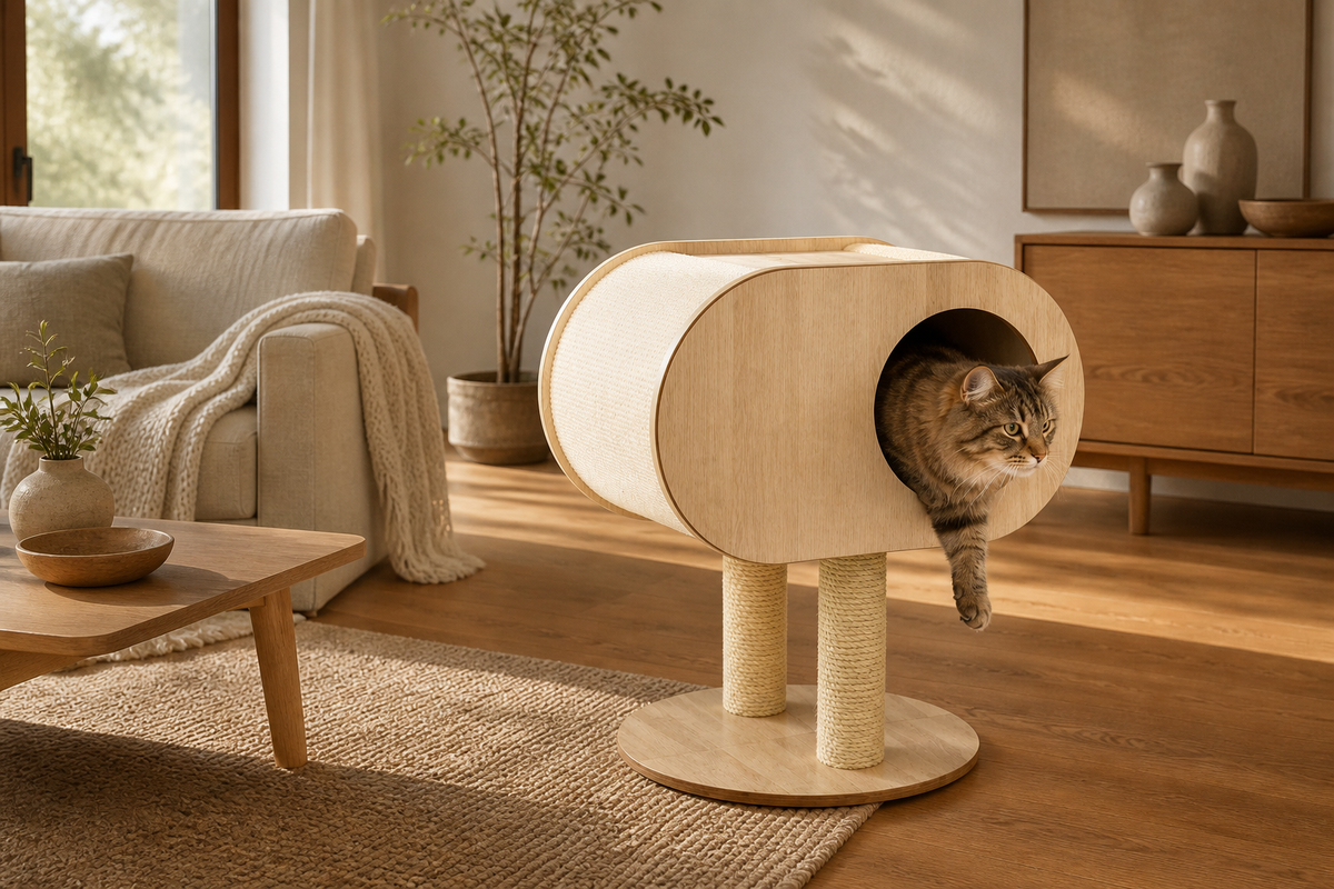 Cat resting inside the cushioned oval opening of the Oval Cat Cabin from a second room angle