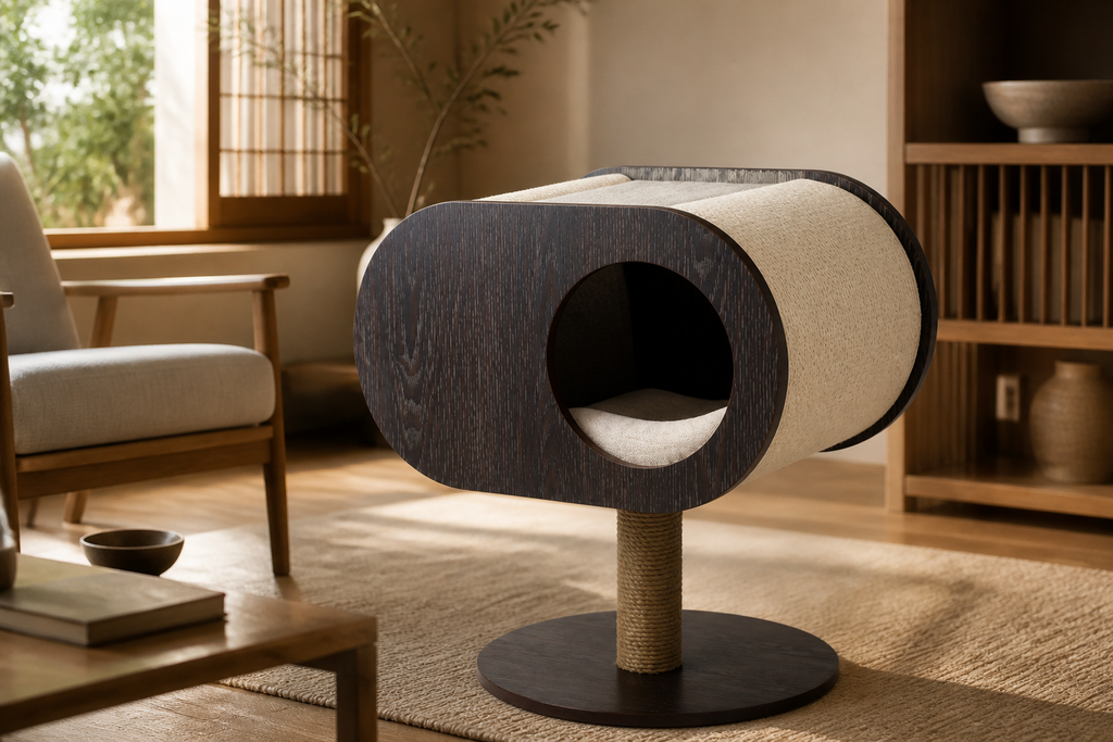 Close view of the oval wood shell, soft cushion, sisal support, and round base from a second angle