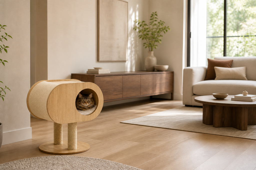 Oval Cat Cabin in an alternate warm modern room setting