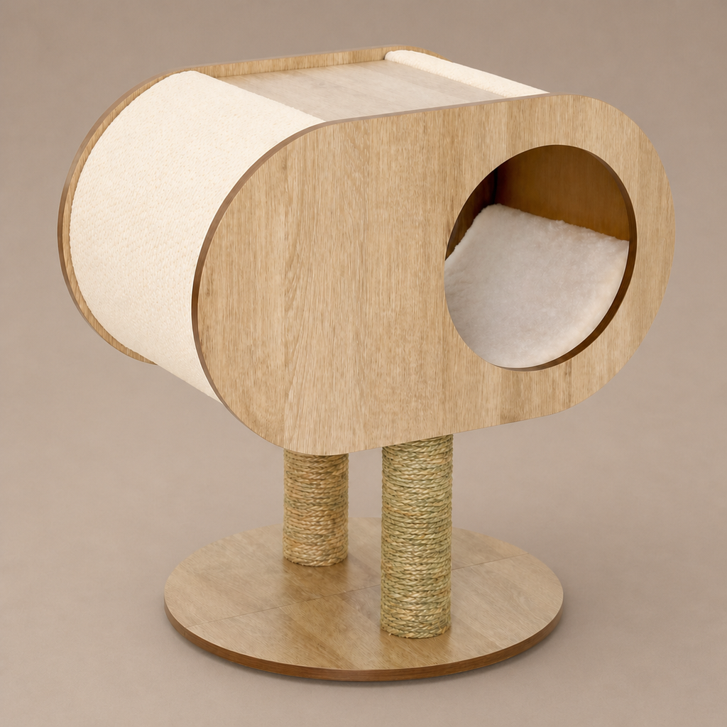 Oval Cat Cabin on a neutral warm mushroom taupe studio background