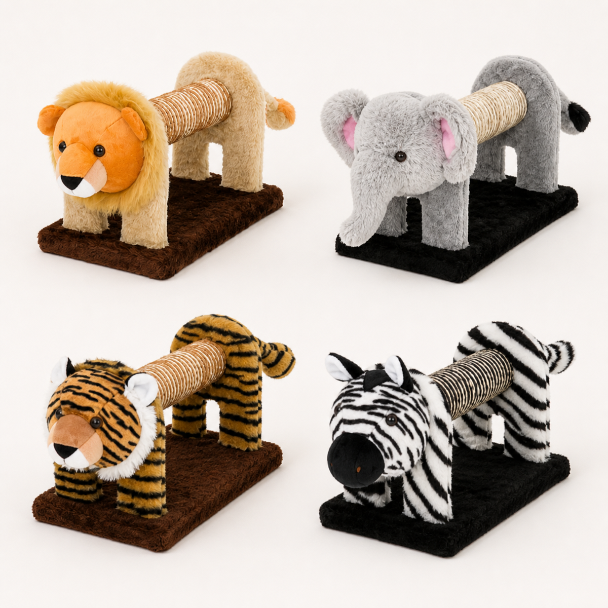 Five Plush Animal Cat Scratcher styles shown together in a clean product view