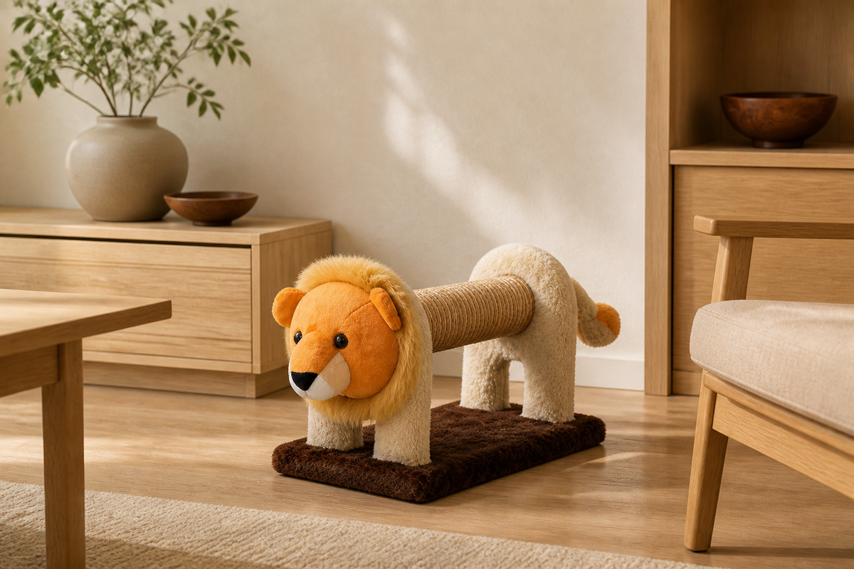 Plush Animal Scratcher placed in a warm modern living room