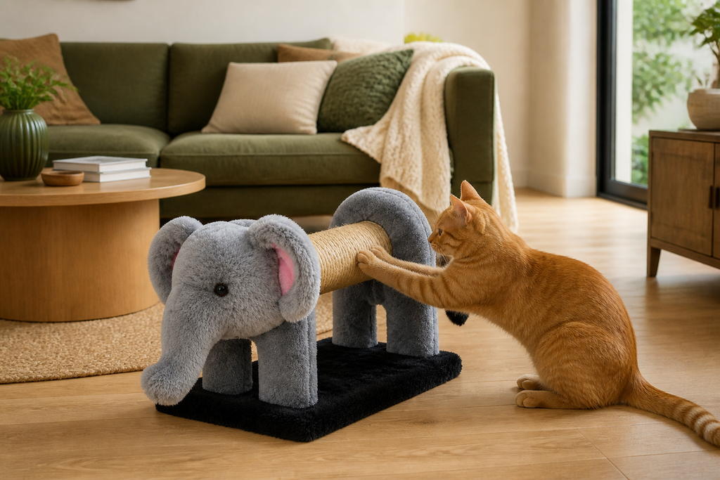 Cat scratching the corrugated center of a Plush Animal Cat Scratcher from a second room angle