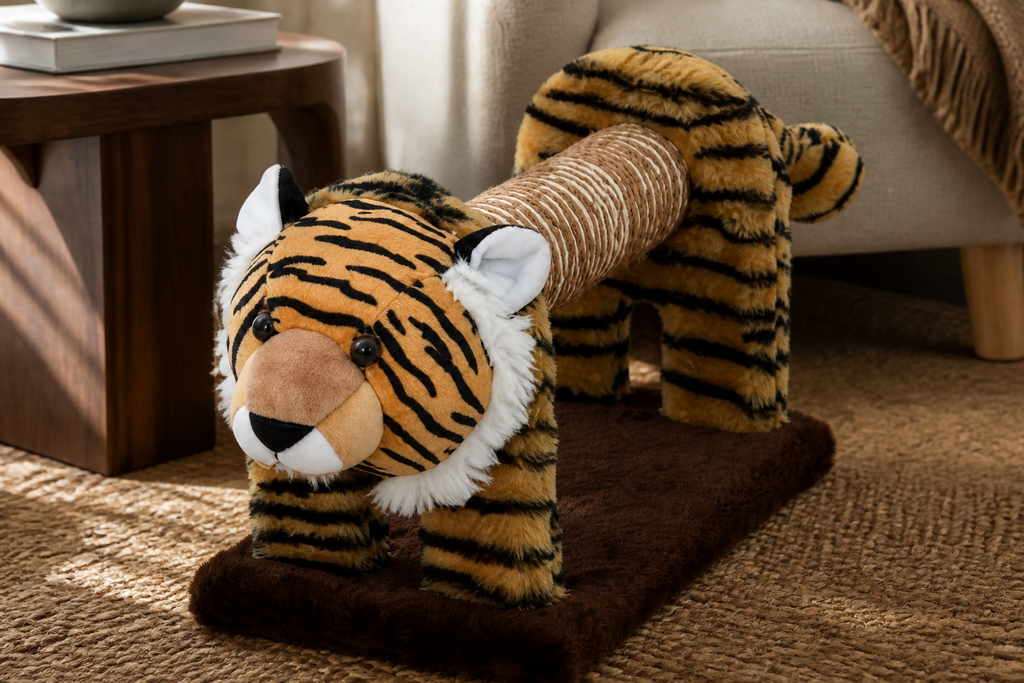 Close view of the plush animal cover and replaceable corrugated scratching center from a second angle