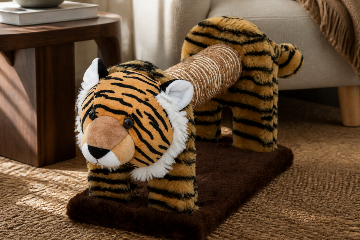 Close view of the plush animal cover and replaceable corrugated scratching center from a second angle