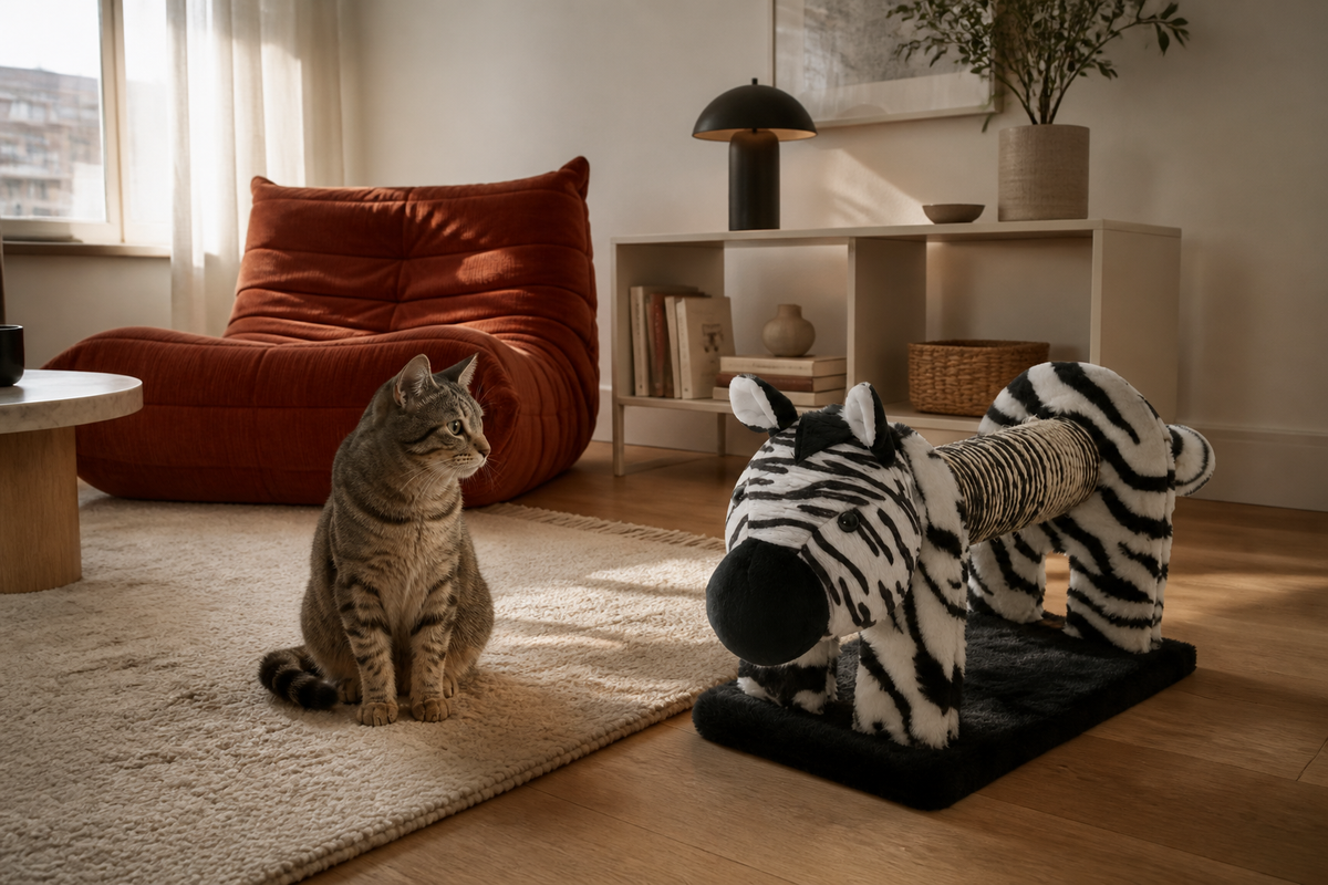 Plush Animal Scratcher in an alternate warm modern room setting