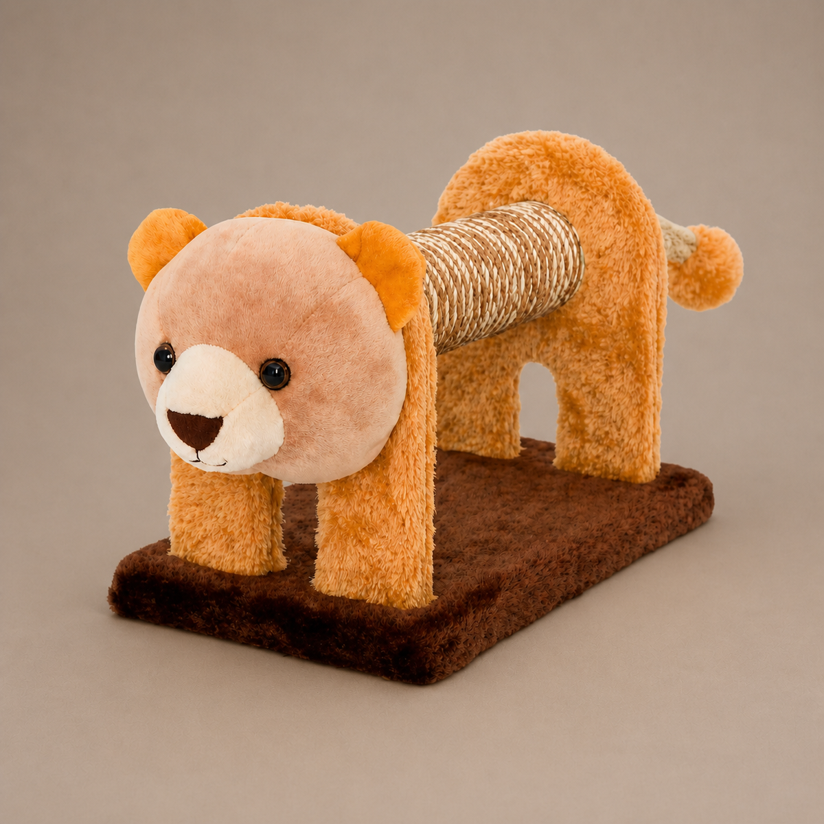 Plush Animal Cat Scratcher on a neutral warm mushroom taupe studio background