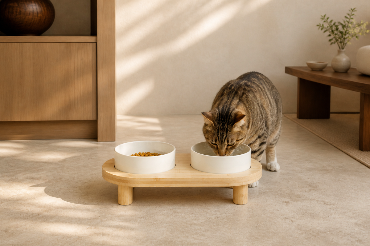 Cat eating and drinking from the Raised Double Bowl Station