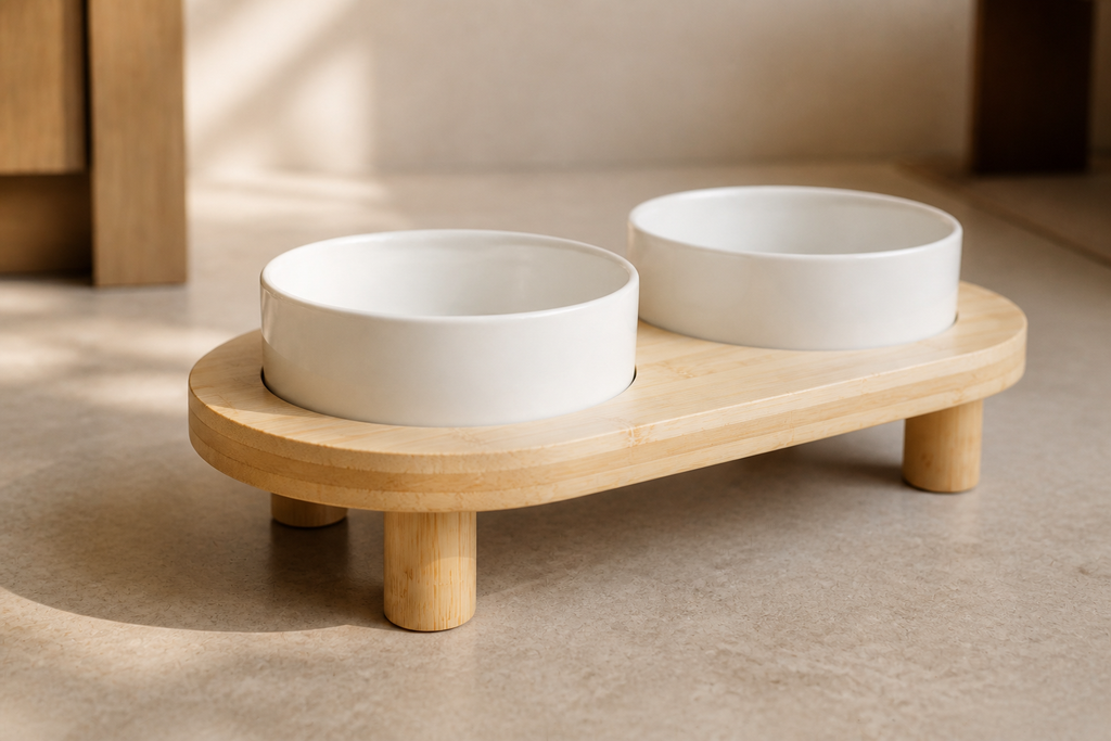 Close view of the low bamboo stand and two removable feeding bowls