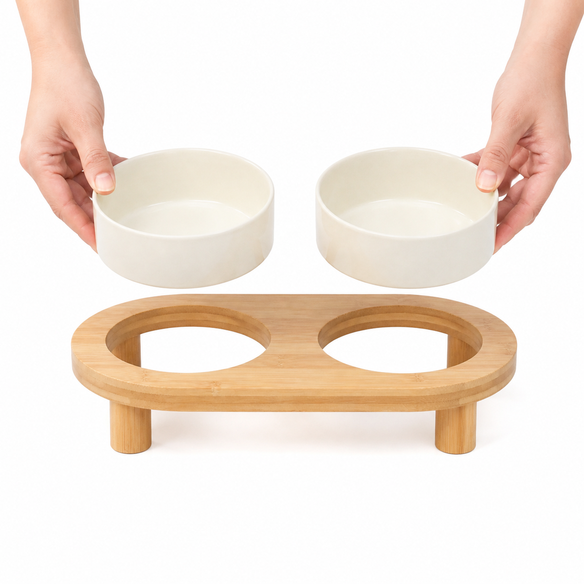Raised Double Bowl Station — Lift the bowls out for separate cleaning.