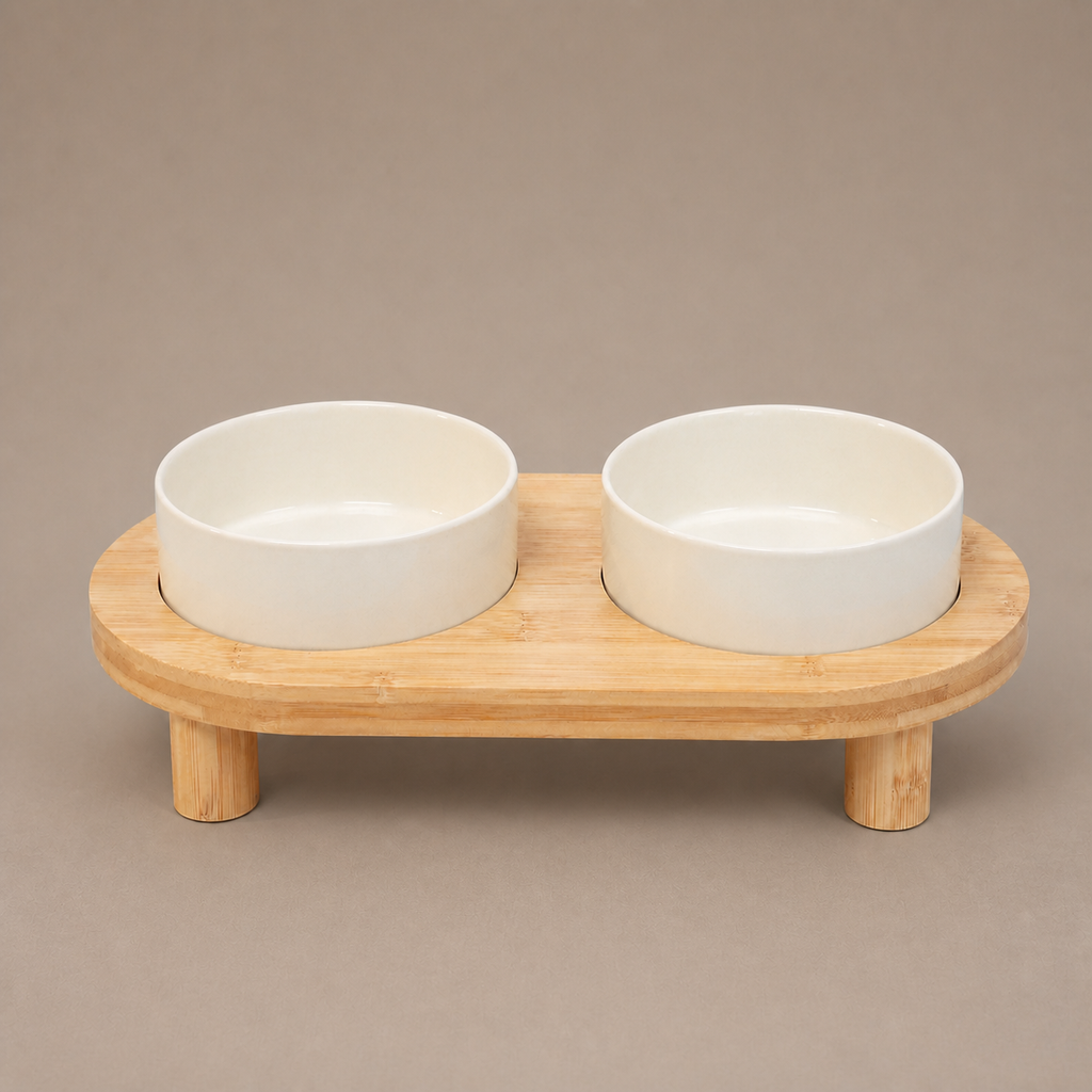 Raised Double Bowl Station on a neutral warm mushroom taupe studio background